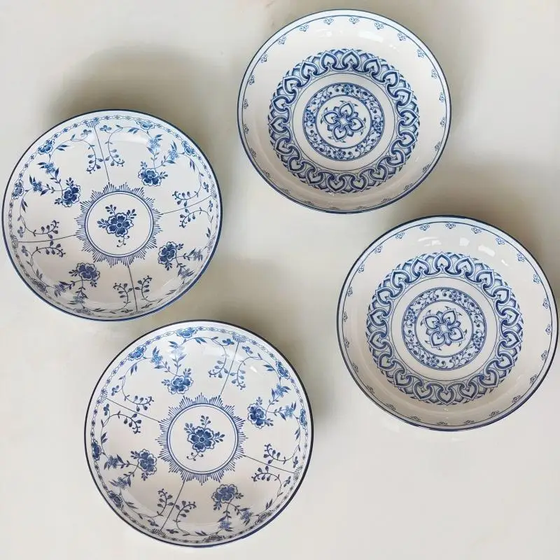 8in Retro Blue White Twig Plate Set 6Pcs, Chinese Underglaze Floral Household Ceramic Serving Dish