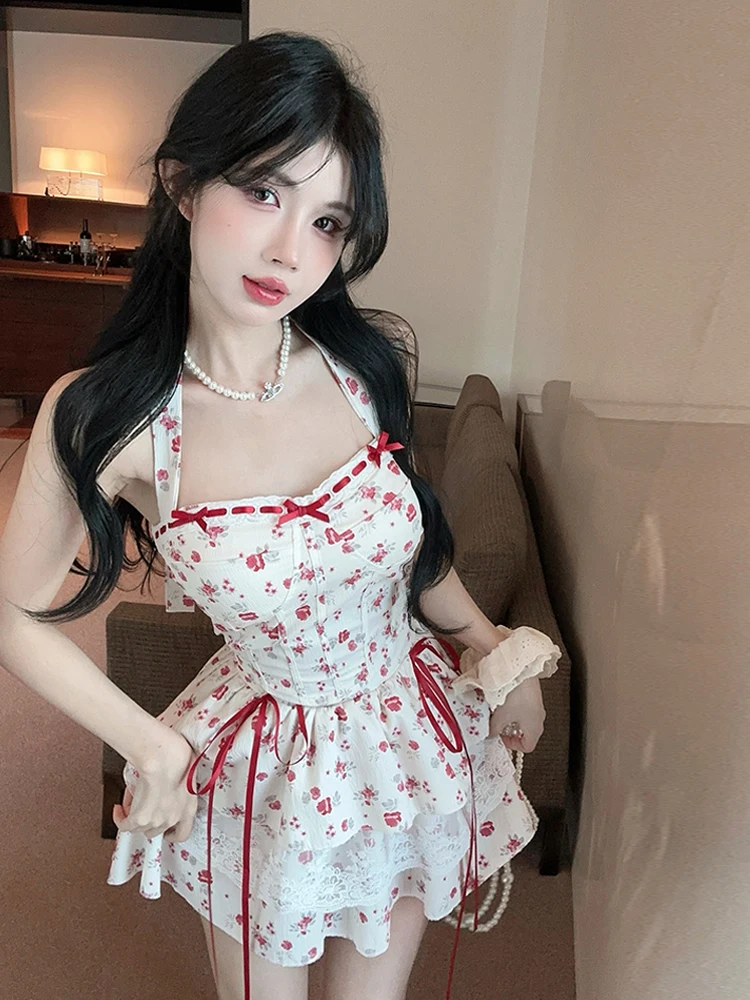 

Sweet Floral Knot Neck Vest Top And Pleated Cake Skirt Set Women's Fashion Ensemble Spring Summer Autumn