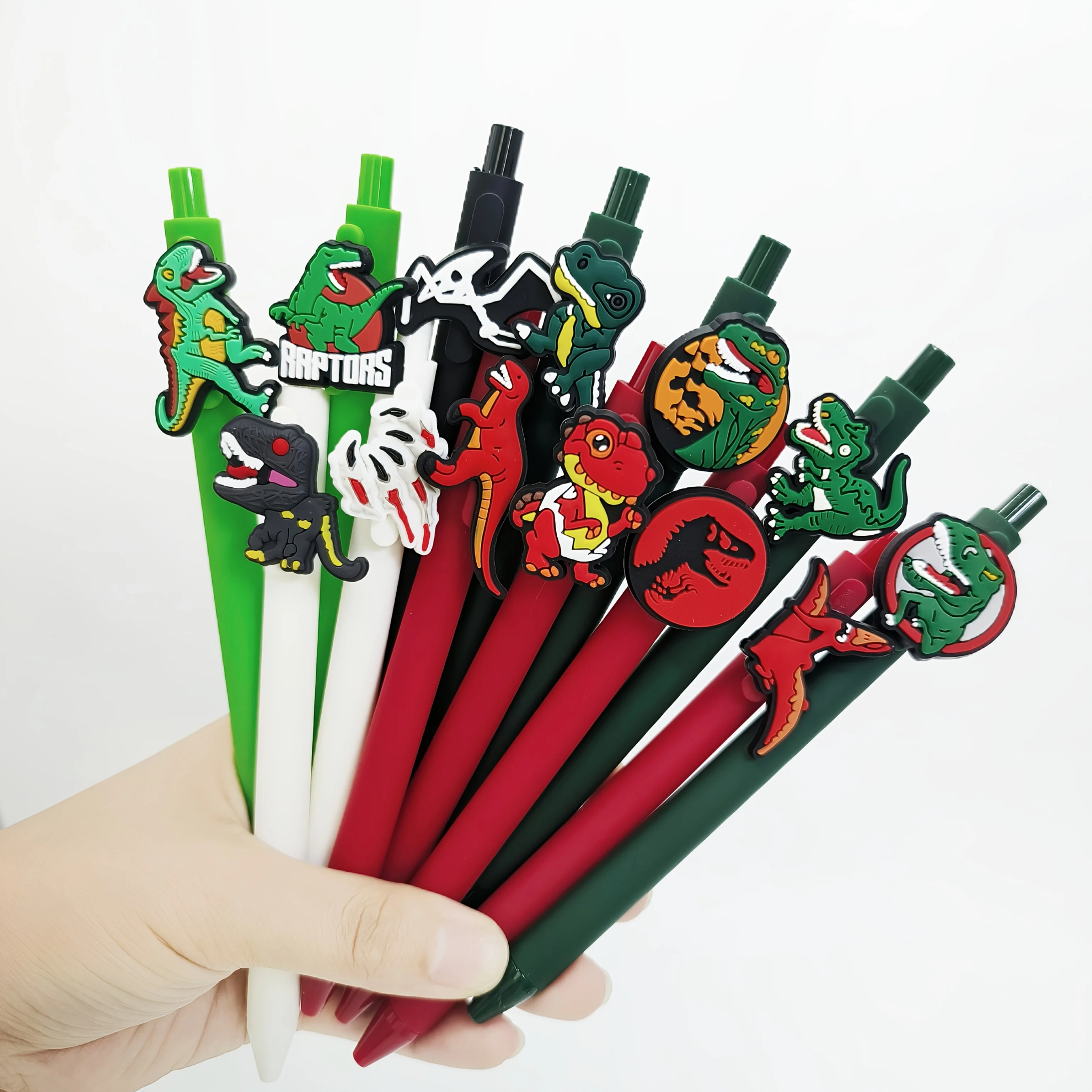12Pcs dinosaur series patch pen PVC soft patch ballpoint pen, student school season signature gift pen, random style