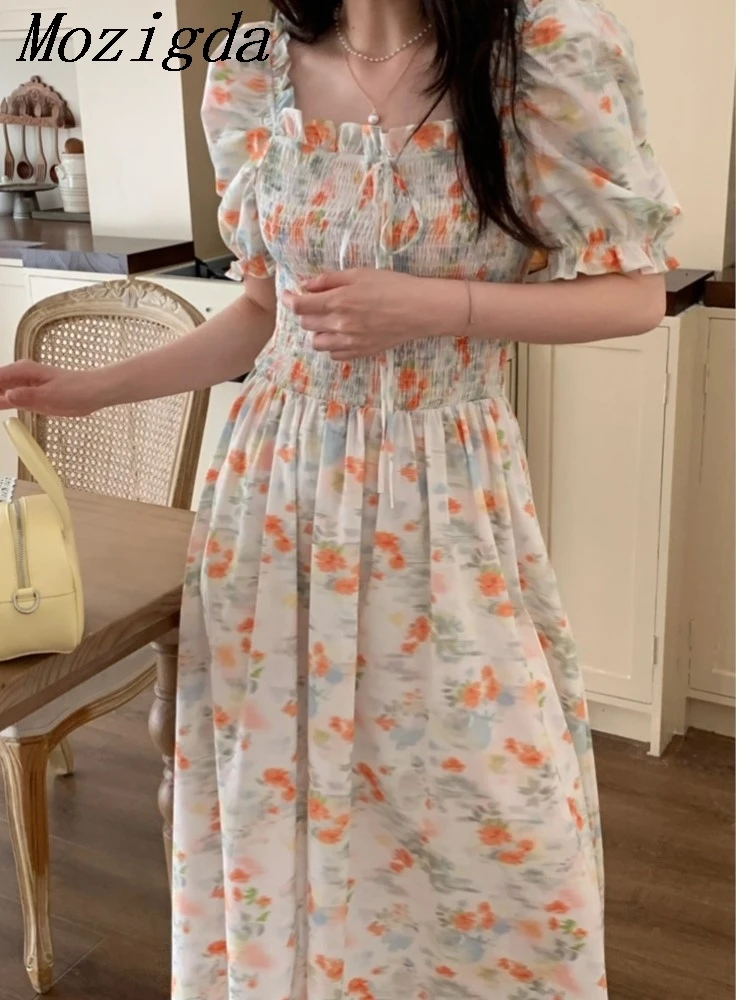 

Elegant Sweet V-neck Pleated Waist Dress Gentle Print Bubble Sleeve Long Style Dresses Women New Spring Summer