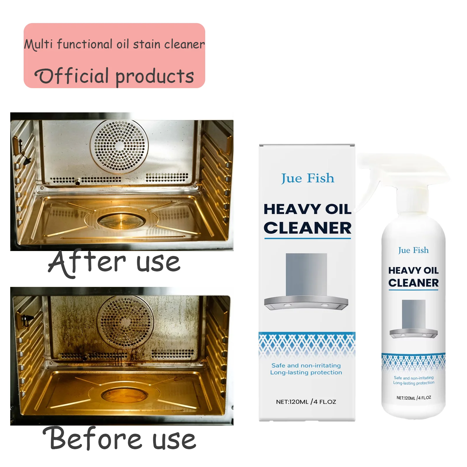Jue Fish Limpiador de espuma de aceite pesado multiusos de 120 ml: para ropa, campana extractora de cocina, elimina grasa/aceite tenaces, acción rápida