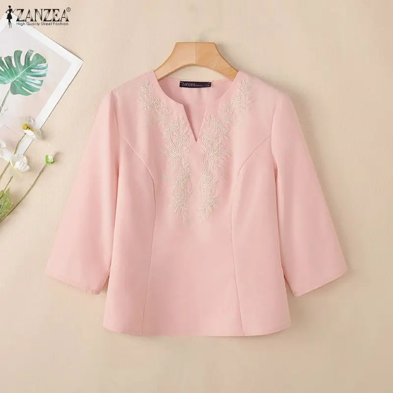 

Женская блузка ZANZEA 2026: весенняя, с вышивкой, цветочный узор, повседневная, с V-образным вырезом, рукав 3/4, элегантная, для работы, туника