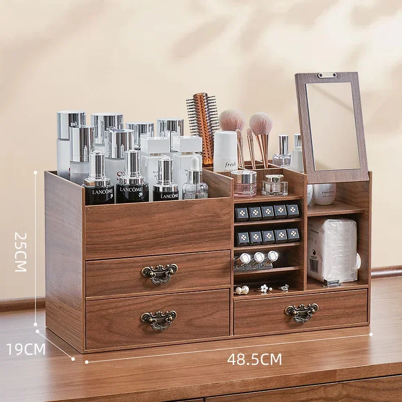 Large capacity cosmetics storage box Multifunctional household wooden dresser Skin care products Lipstick rack with mirror