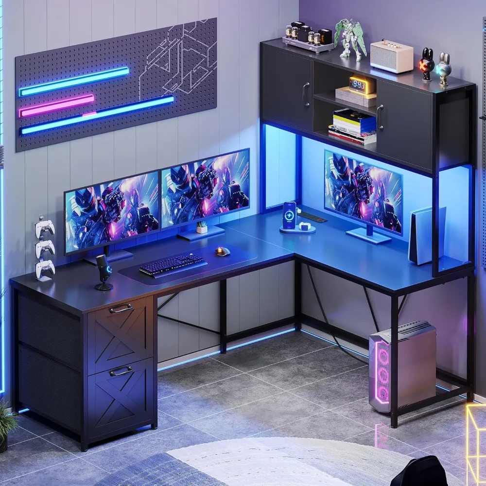 

Corner Computer Desk, Reversible L Shaped Computer Desk with Fabric Drawers and Power Outlet, Gaming Desk with Led Lights, Hutc