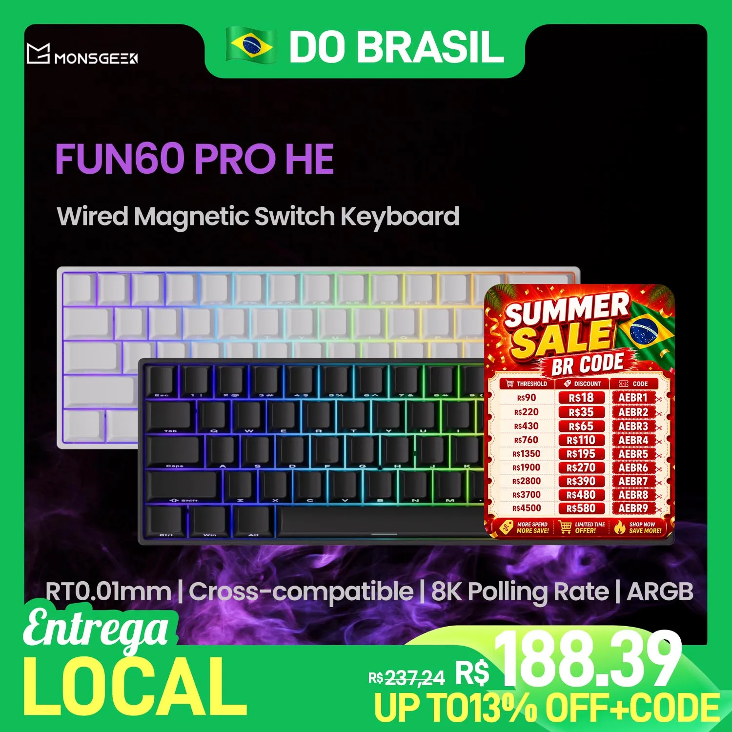 Akko MonsGeek FUN60 PRO HE Magnetic Keyboard 60% Esports Gaming Keyboard Rapid Trigger 0.01mm 8K Wired Custom Keyboard For Gamer