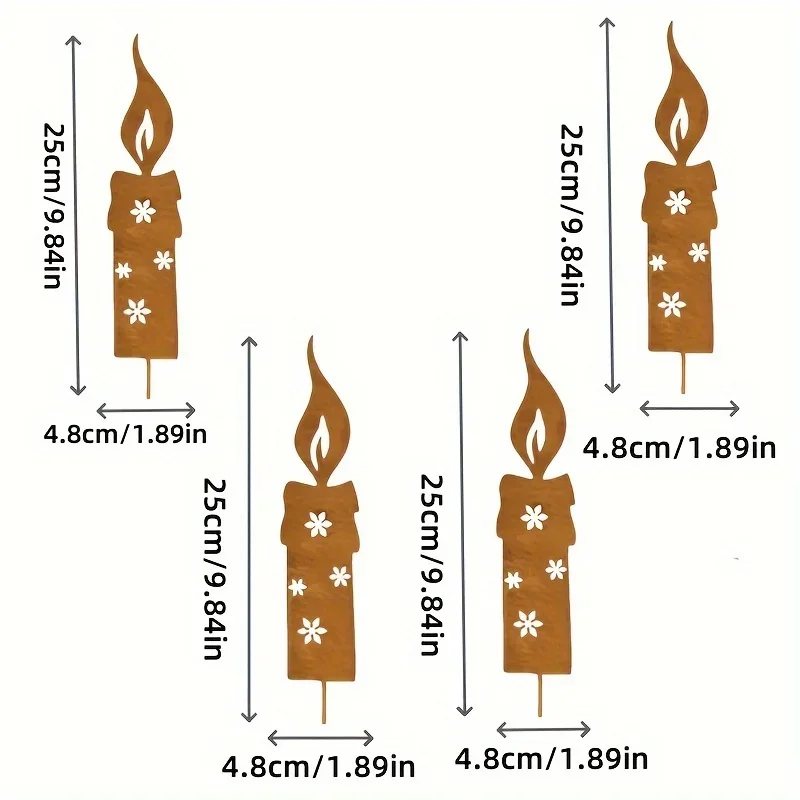 Set of 4 Independent Candle Silhouettes for Outdoor Decoration: Rusty Metal Candle Silhouettes Featuring Five-Tier Floral