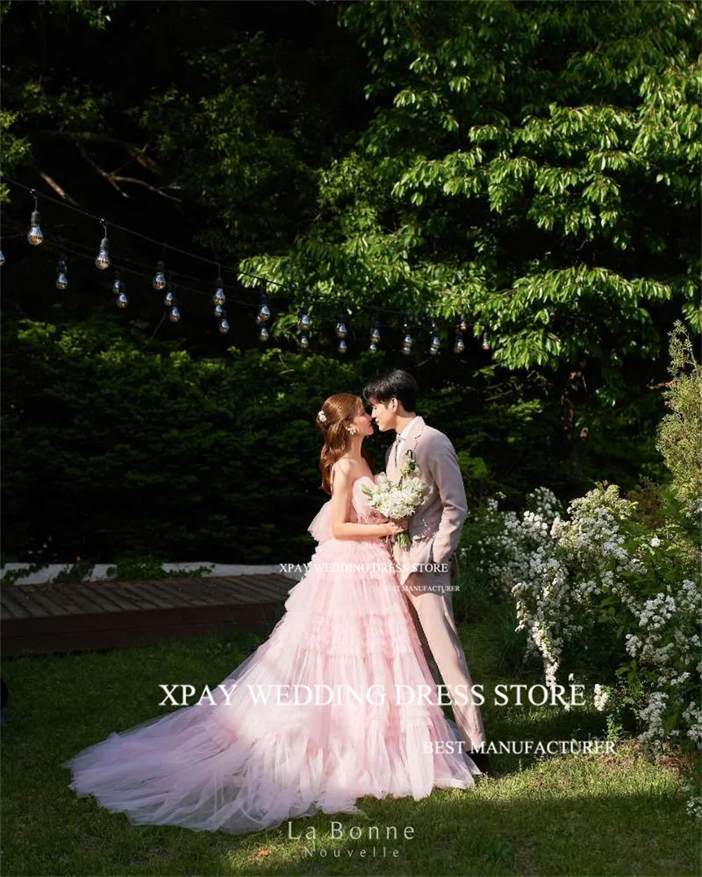 XPAY Princess Strapless Pink Korea Evening Dresses Ruffles Tiered Formal Gown Photo Shoot Backless Layered Wedding Party Dress