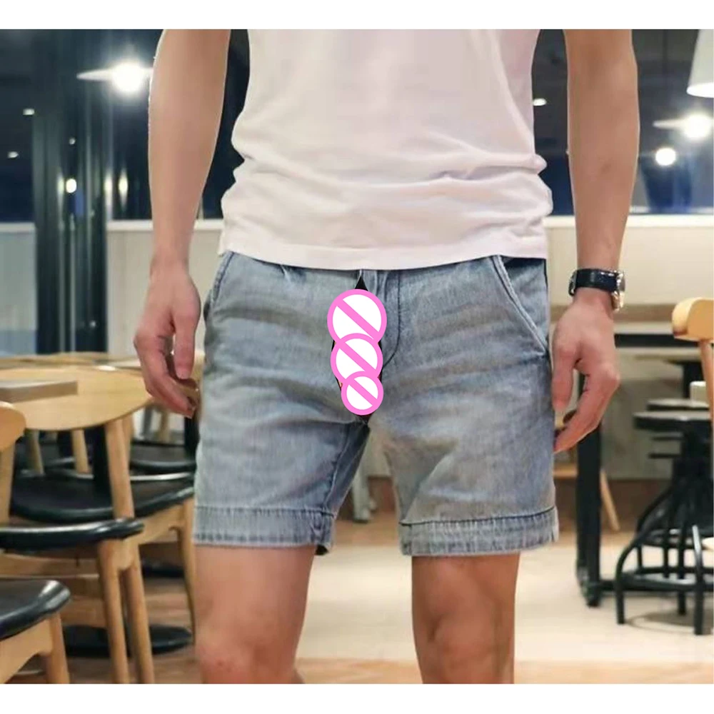 

Invisible Open Crotch Outdoor Sex Summer Men's Jean Shorts Streetwear Retro Casual Straight Leg Jeans Erotic Pants Three Points