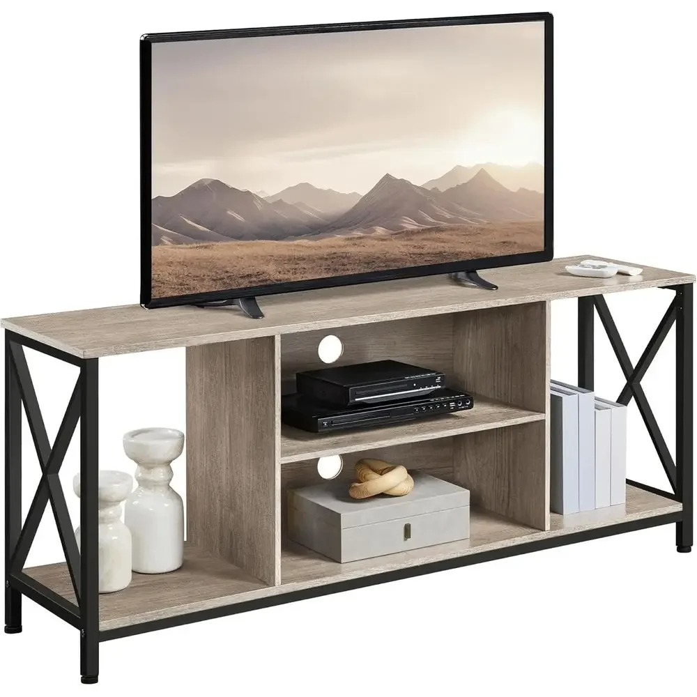 65 and 55 TV Stand with Storage, Wood Entertainment Center, Gray Living Room Furniture with Shelves