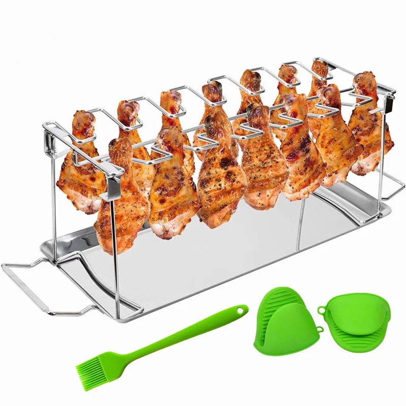 Stainless steel folding grilled chicken leg rack, barbecue grill, barbecue plate, barbecue grill, with bottom tray, BBQ