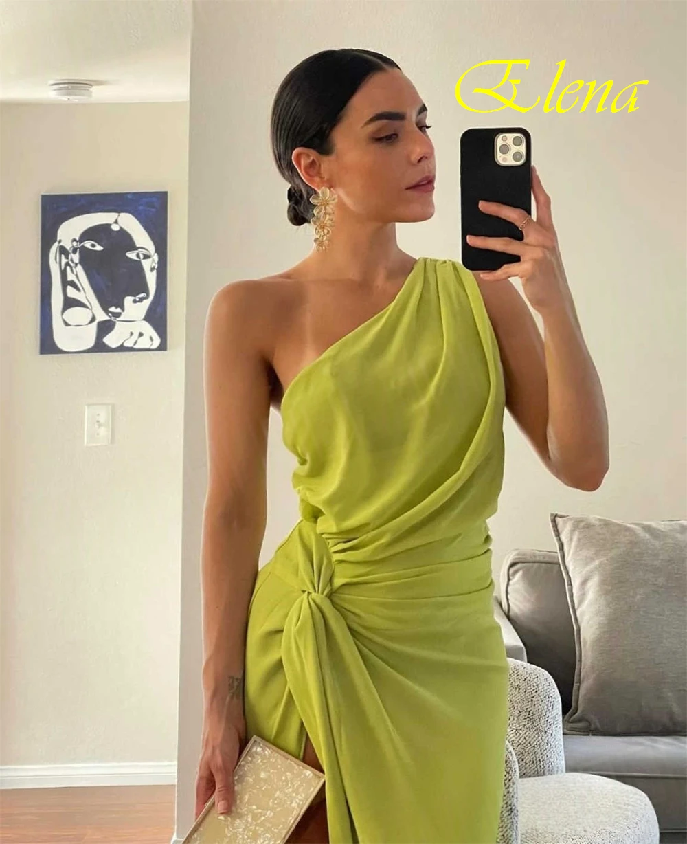 Customized Elegant Green Chiffon Evening Dress Formal One Shoulder Sleeveless Cocktail Dress Soft Straight Ruched Party Dresses