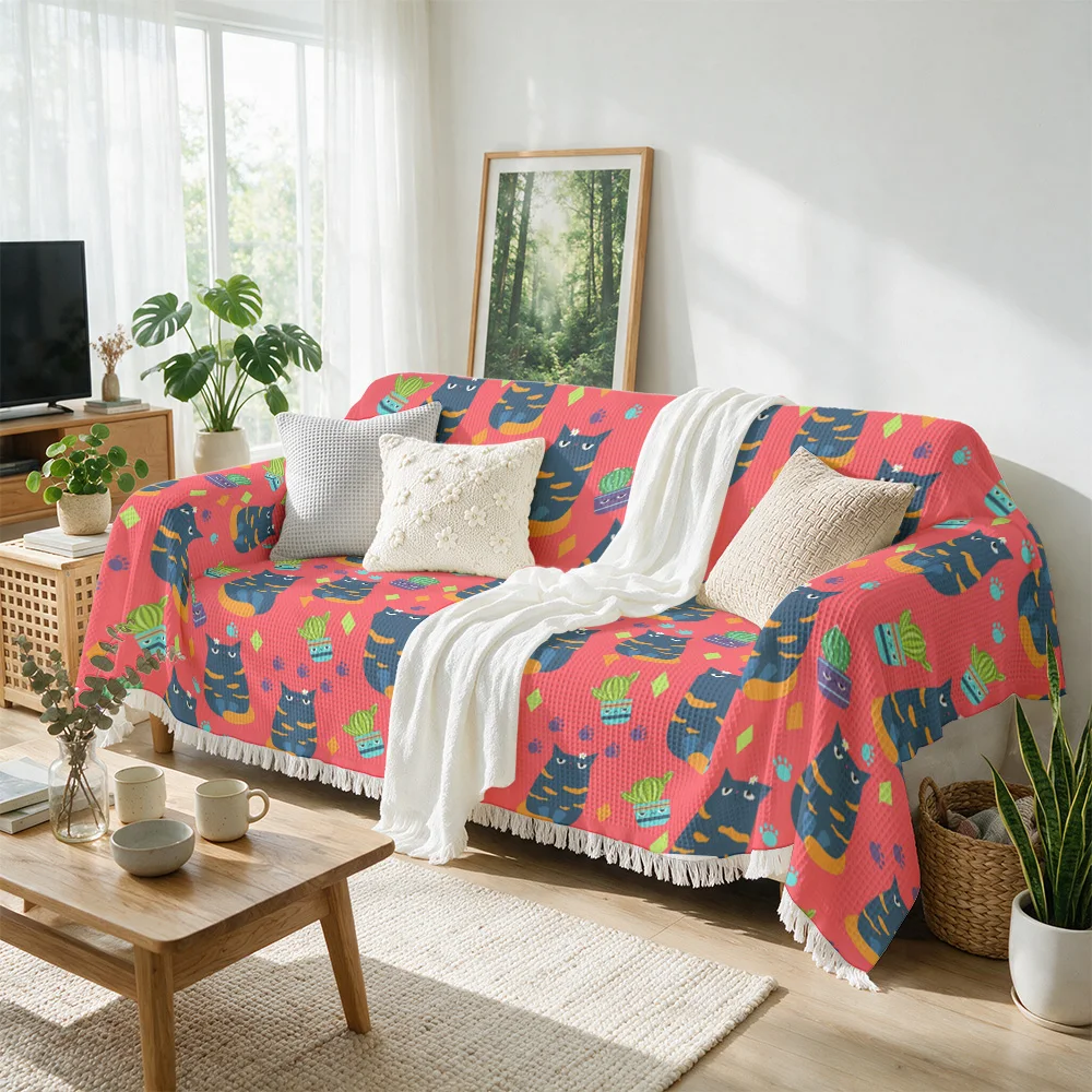 Cute Cat Pattern Sofa Throw Blanket Cover for Couch Decorative Throw Fabric Living Room Boho Cozy Nap Quilt Soft Home Decor Gift
