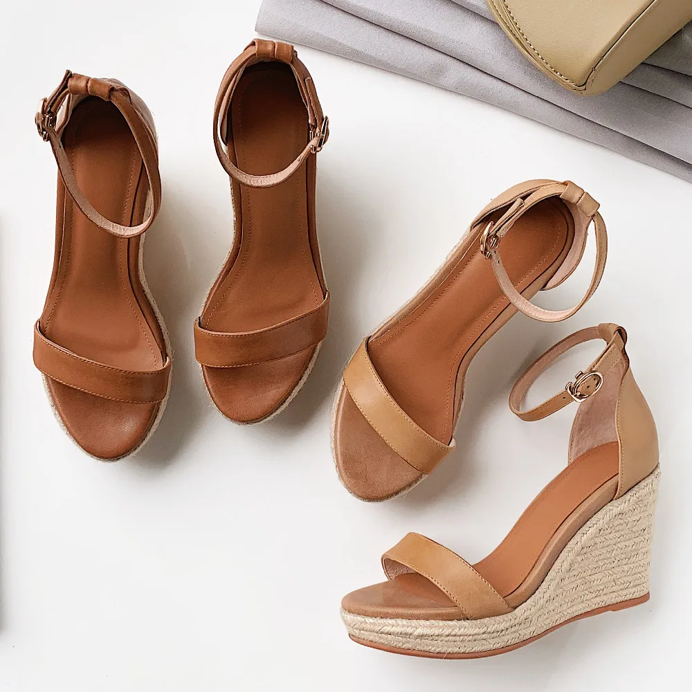 Women\'s sheepskin wedge platform high heel ankle strap sandals narrow band open toe elegant ladies slim dress pumps shoes women