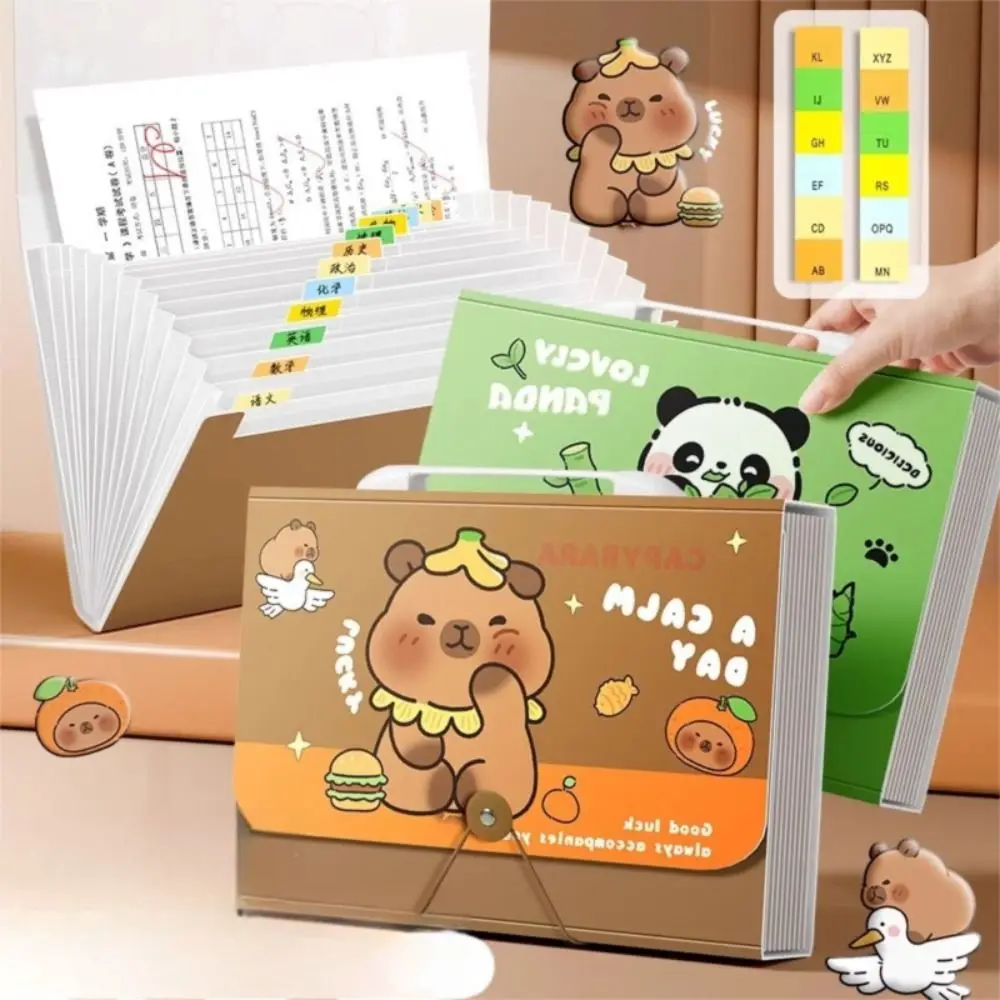 Cute Capybara A4 File Folder Large Capacity 13 Pockets File Organizer Waterproof Handheld Test Paper Storage Folder Stationery