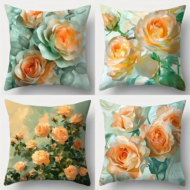Painted yellow rose flowers single-sided digital printing Short plush Suitable living rooms bedrooms sofas zippered closure