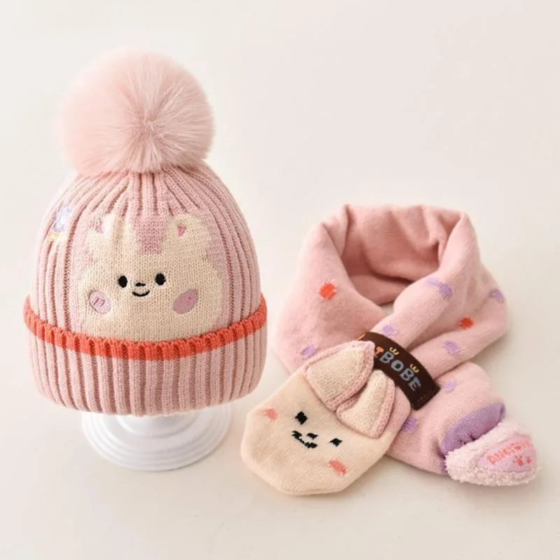 Doitbest 2022 Baby Kids Beanie Sets Dinosaur Rabbit Bear Cartoon 2 pcs Boys Girls Winter Villus Hat Scarf Set For 2 to 6 Years