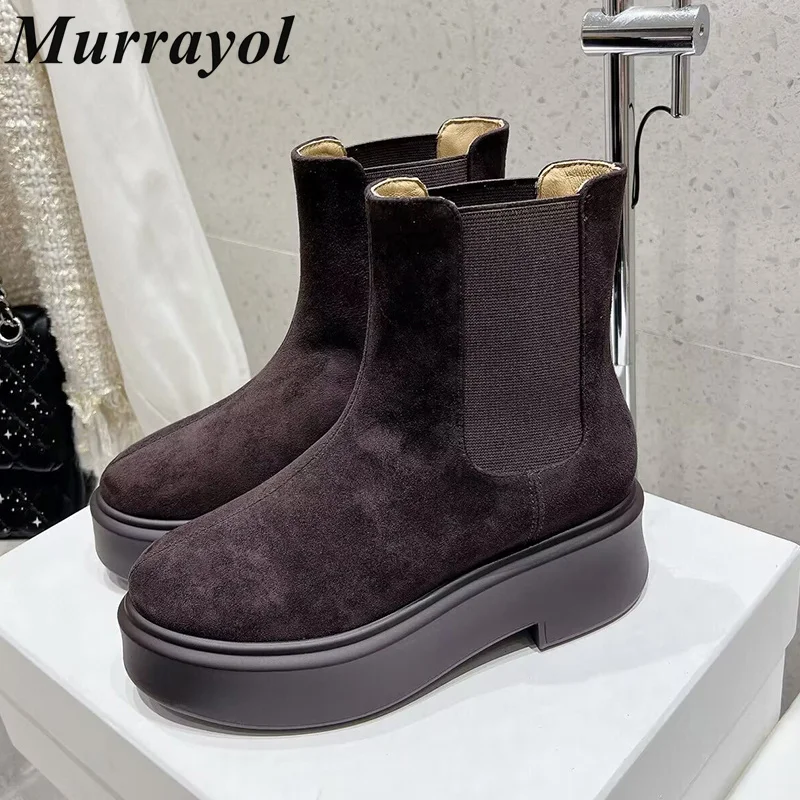 

Elastic Band Splicing Platform Ankle Botas Women Round Toe Cow Suede Thick Sole Short Boots Autumn Winter Retro Chelsea Boots
