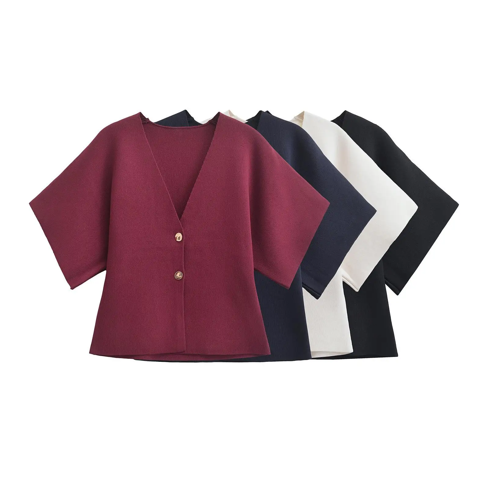 

Faionable Street Sle V-Ne Knitted Jaet Simple Design Cross-Border Women'swear Five-Quarter Sve Color Sweater