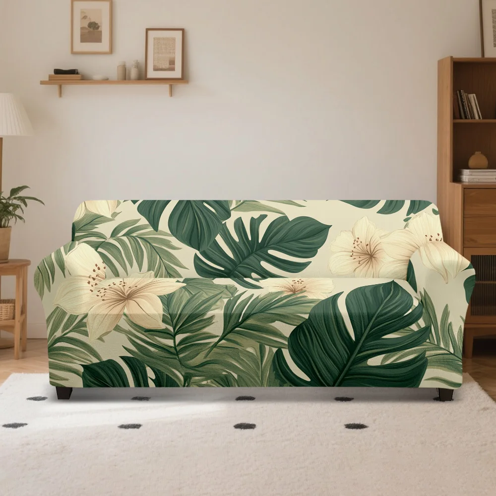 1pc Tropical Monstera Leaf Hibiscus Print Stretch Sofa Cover, Boho Green Botanical Couch Slipcover for Jungle Home Decor