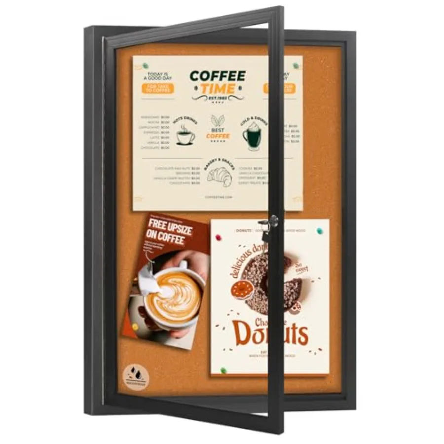 

Настенная уличная влагостойкая пробковая доска для объявлений с запирающейся дверцей, черная алюминиевая рама, витрина, размер M