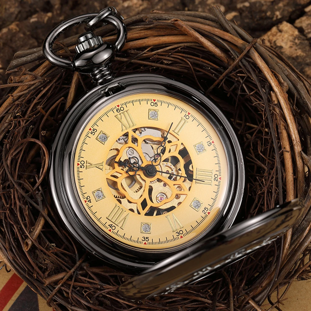 Hot Selling Pocket Watch Skeleton Hand Wind Roman Numbers Display Bronze Retro Necklace Watch New Arrival 2022 reloj hombre