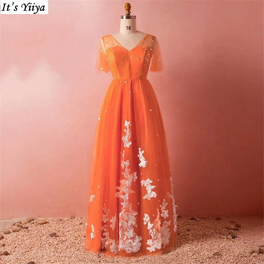 

It's Yiiya Evening Dresses Orange Tulle Butterfly V-neck Short Sleeves Floor Length Plus size Party Formal Gowns Robe De Soiree