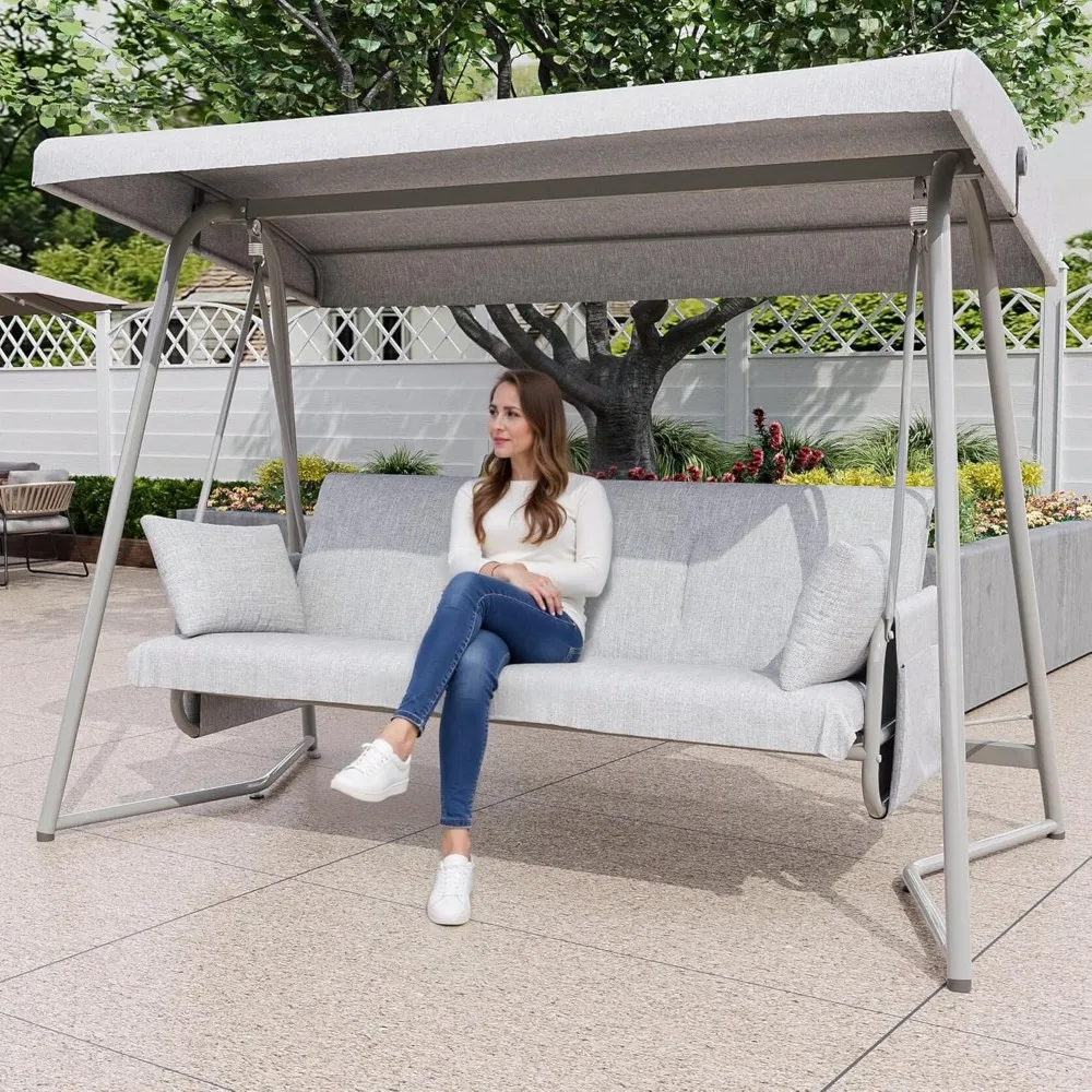 

3-4 Seat Outdoor Porch Swing with Adjustable Canopy Patio Swing Bed with Stand Large Swing Glider Bench Chair Outside 770 lbs wi