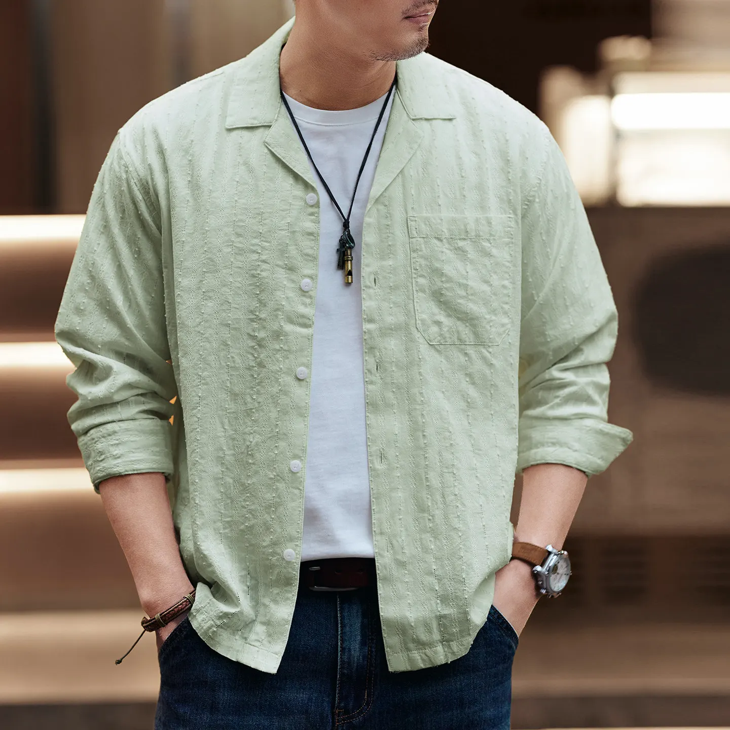 Spring men's new high-end jacquard white shirt jacket, trendy brand, loose and retro casual long-sleeved shirt
