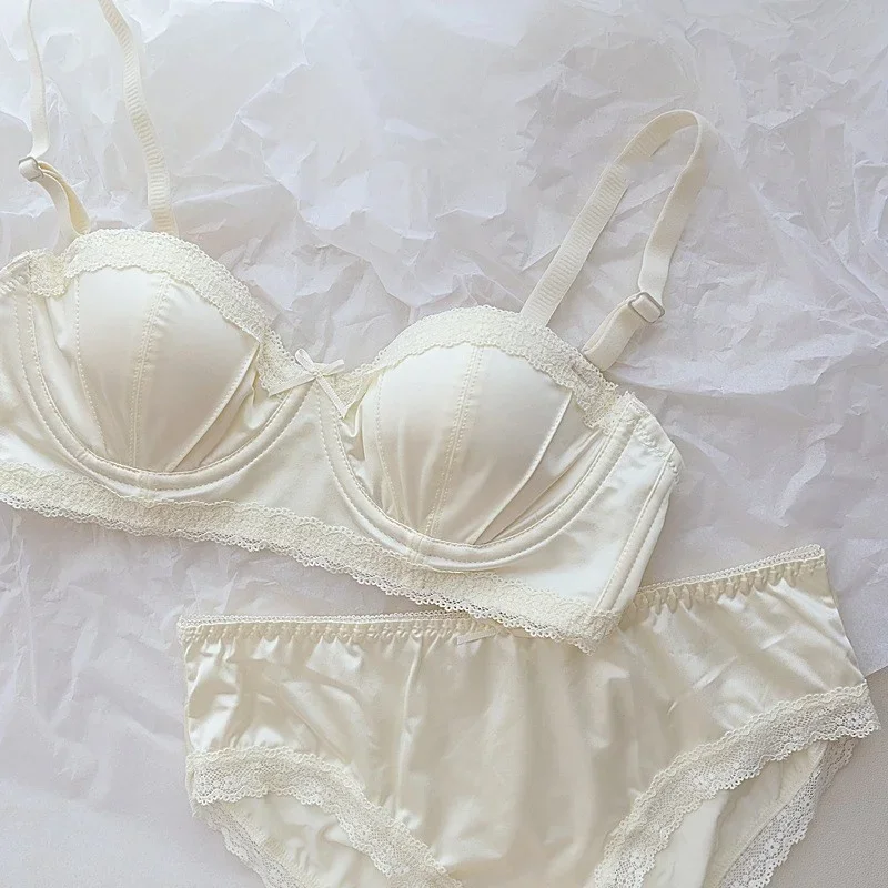 

French girly underwire push-up bra Sweet lace edge half cup lingerie women's thin cup with anti-sagging bra set