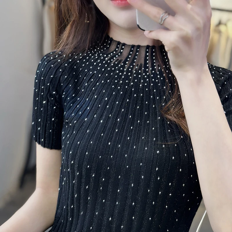 Spring And Summer New Women\'s Short Sleeve Half High Neck Wool Silk Material Embedding Diamond Fashion Thin Pullover Top