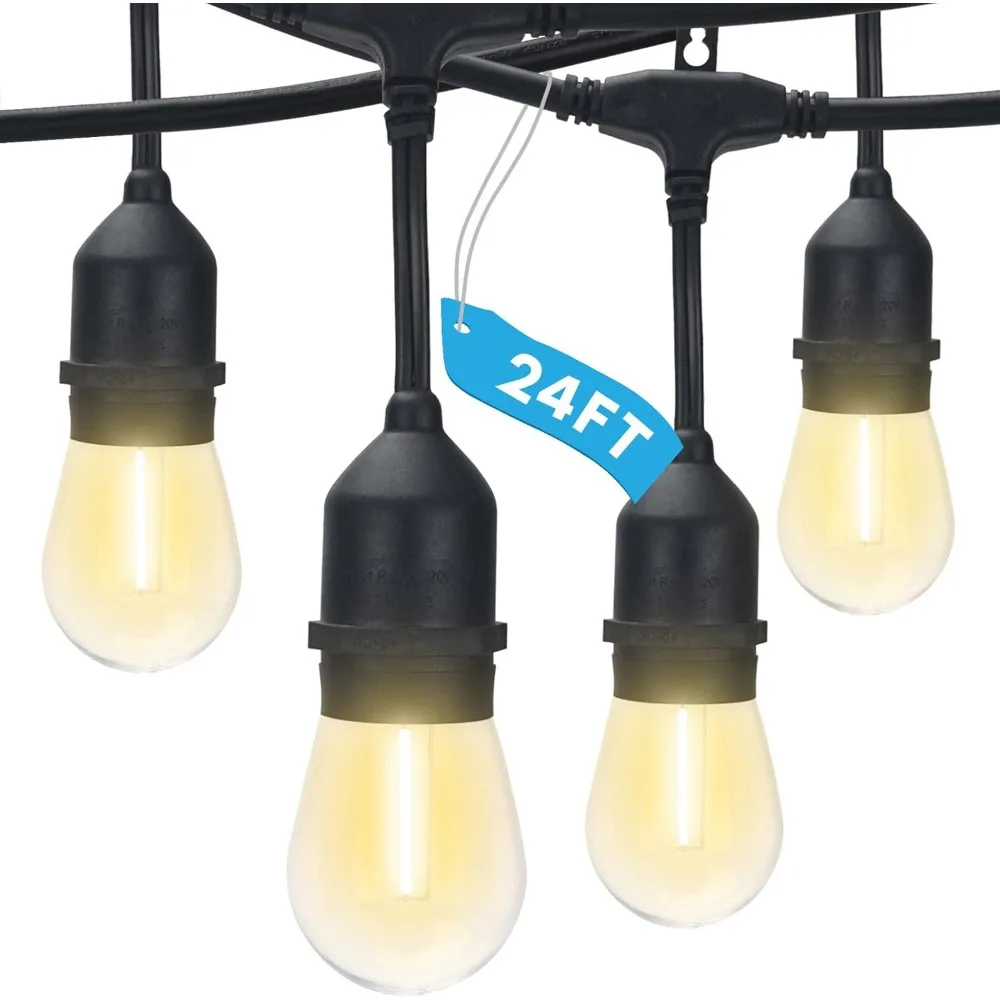 سلسلة أضواء خارجية LED بطول 24 قدمًا من LUXRITE - مقاومة للماء تجارية مع 12 لمبة إديسون S14 مقاومة للكسر، تصنيف IP65 للديكور