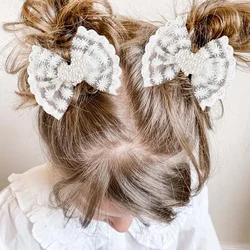 ncmama 2Pcs/set Lace Heart Pearl Hair Bow for Baby Girls Cute Handmade Bowknot Hairpin Hairgrip Korean Hair Accessories headwear