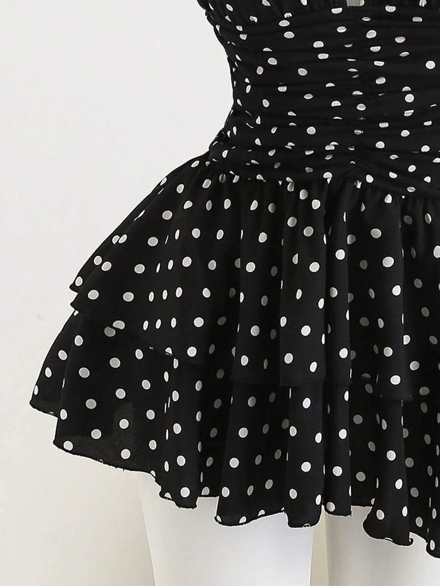 여름 신상 미국 스트리트 핫걸 클래식 프린팅 디자인 홀터 슬리브리스 숏 얇은 허리 케이크 스커트 여성용 INS 스타일