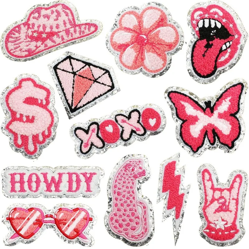 

Pink Glitter Flowers Glasses Lips Iron-on Sew Towel Embroidery Badge Patches DIY T-shirt Hat Backpack Clothing Appliques Sticker