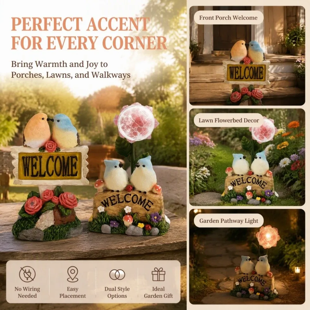 Solar Powered Garden Welcome Sign Durable Resin Creative Design Bird Figurine Warm Light No Wiring Needed Garden Ornament