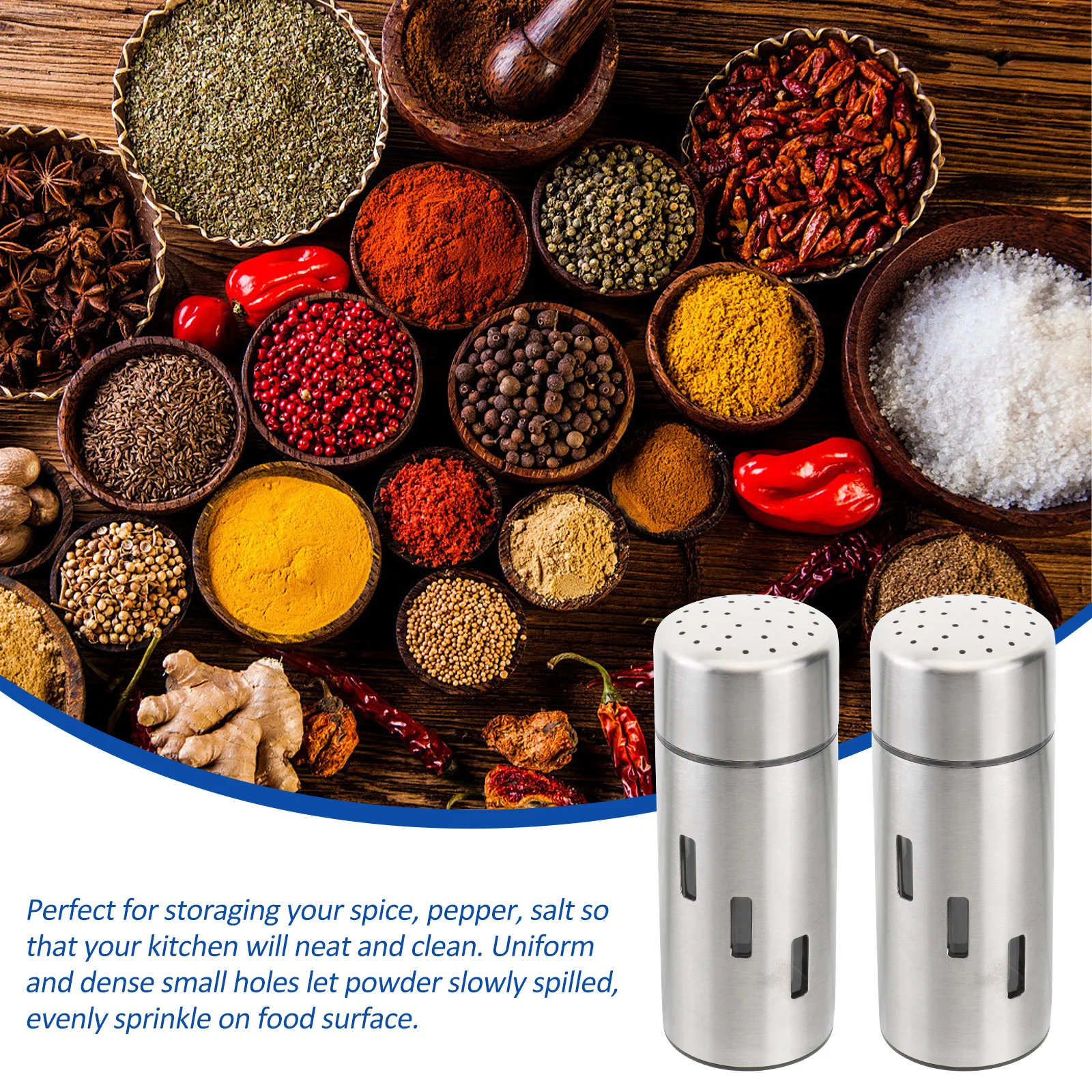 2pcs Stainless Steel Spice Jars Salt Pepper Shakers Fine Mesh Seasoning Containers Rustproof Food Grade Lightweight