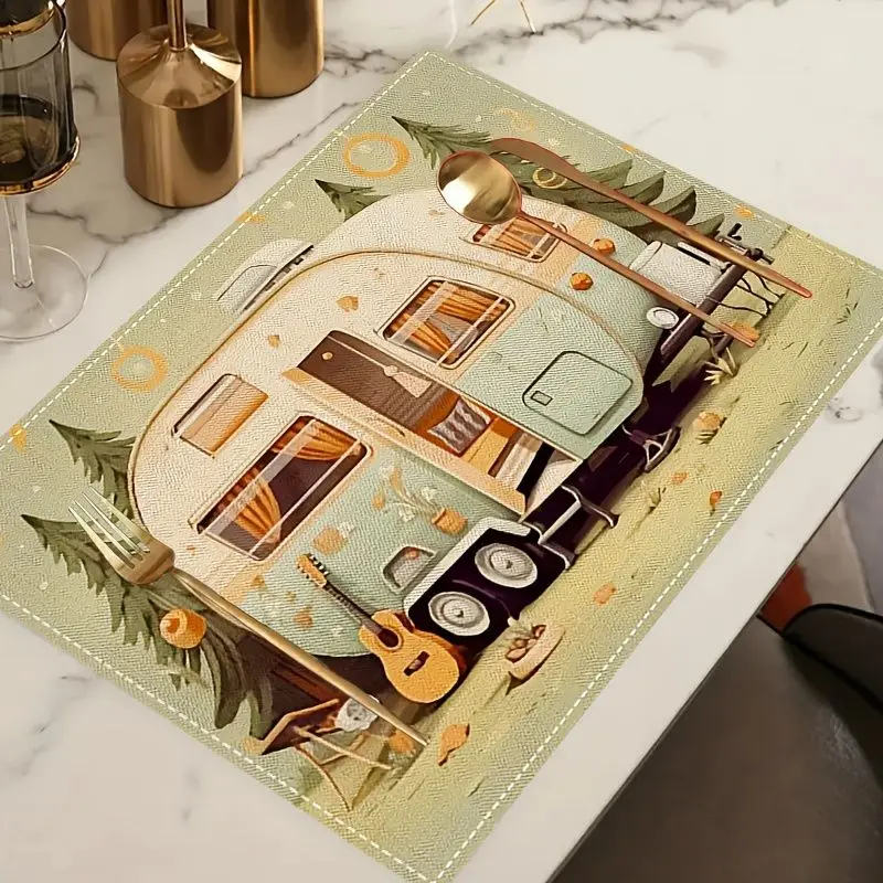 VIKAMA 2/4/6pcs Vintage Camper Trailer Printed Placemats Washable Heat Resistant Non Slip Table Mats Dining Home Decor