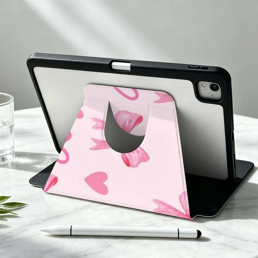 Pink Heart Bow Soft For iPad Pro Air mini 6 5 4 12th M5 M4 M3 M2 A16 A17Pro 360° Rotation Stylus Storage Tablet Case