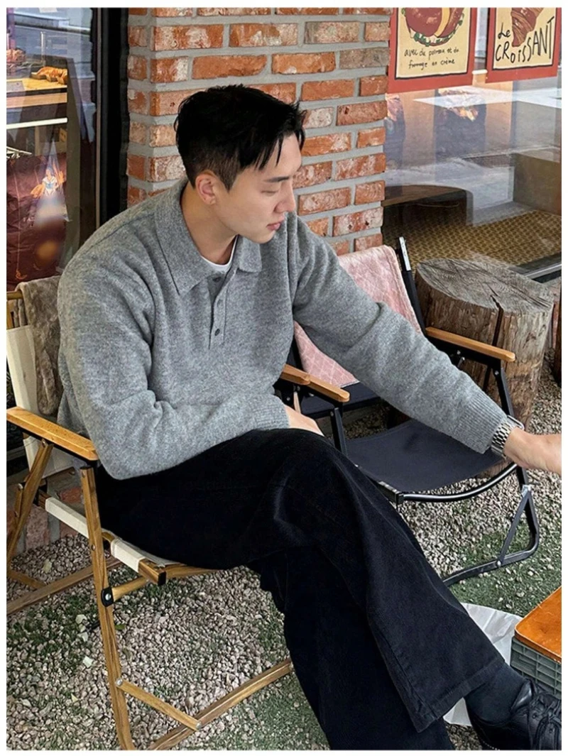 New Winter Men Pullovers Turn-down Collar Button Design Solid Color Casual Knitted Tops Loose Pullover Male Sweaters