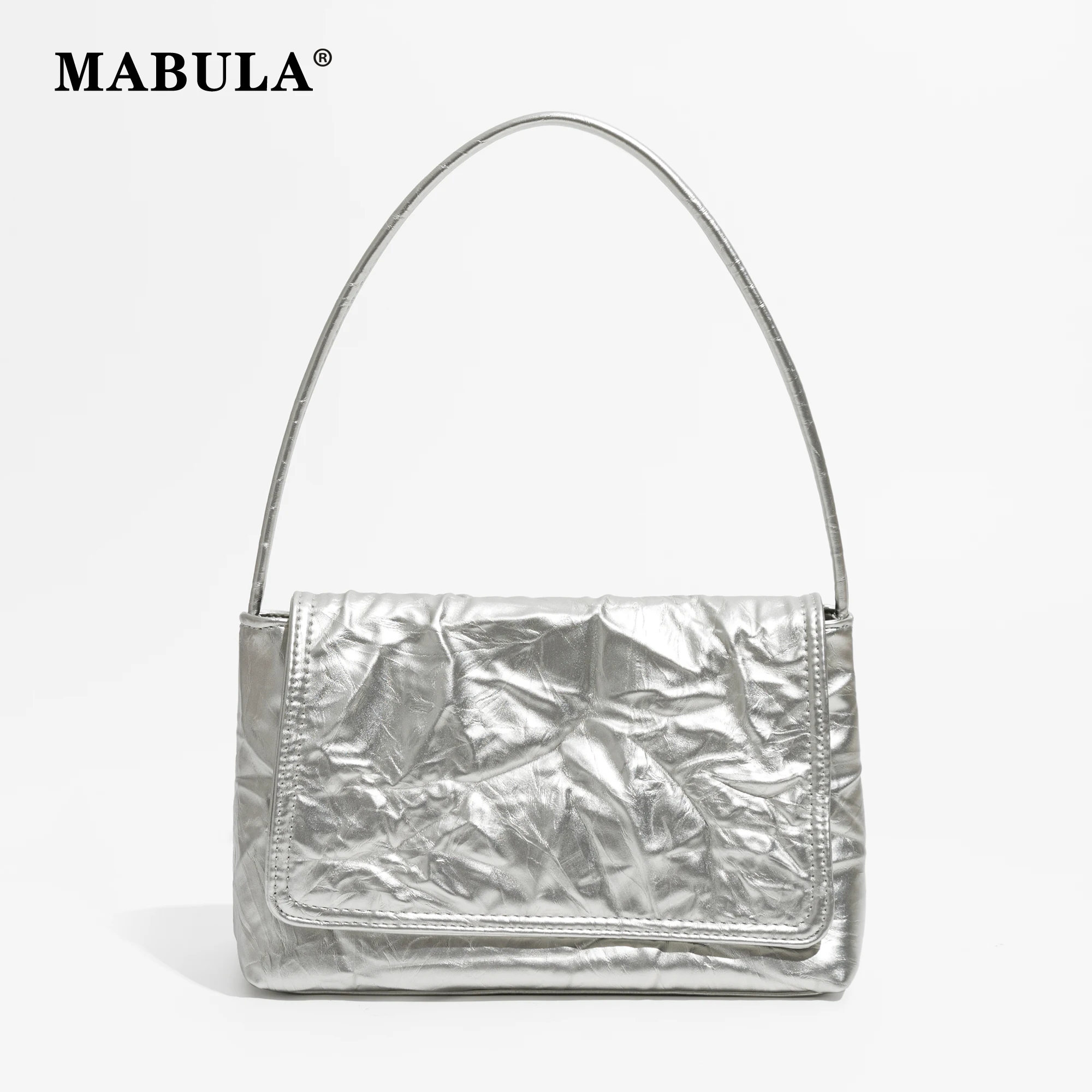 MABULA Pleated Korean Women\'s Underarm Shoulder Bag Brand Silver Trend Flap Clutch Purse and Wallet Small Chic Lady Hobo Tote