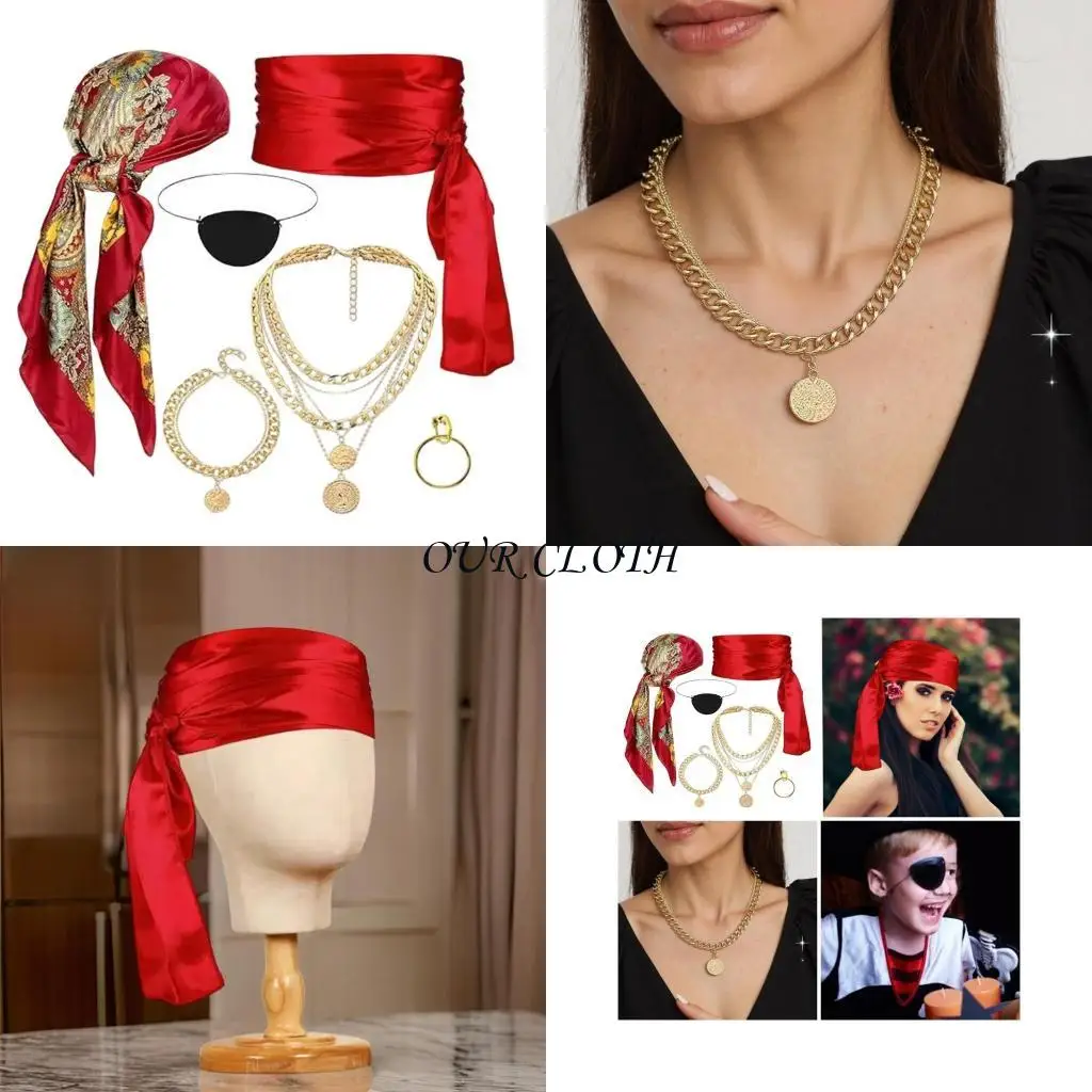 Pirate Costume Accessories Headscarf Eye Patches Necklace Bracelet Earrings Belt Y1AC