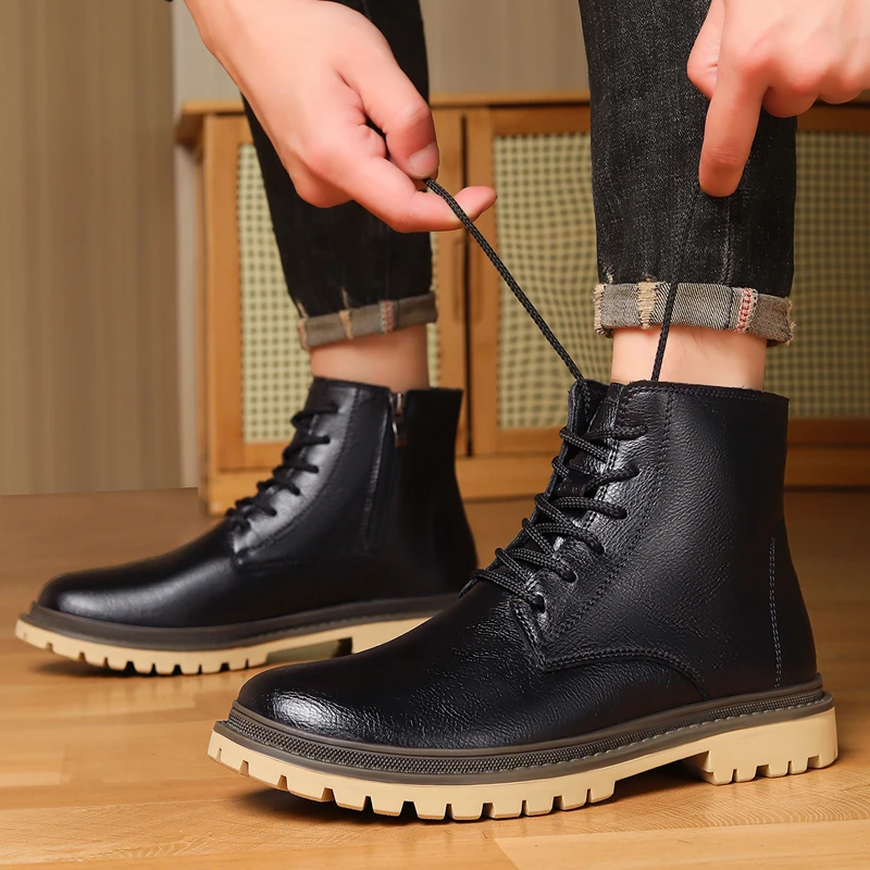 

Winter Velvet Warm High Top Men's Casual Boots Luxury Brand Genuine Leather Business Versatile Boots Fashion British Style Boots