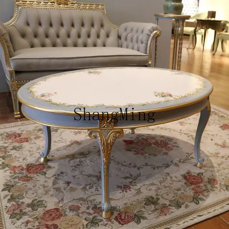 

CL solid wood gold painted old beige gray blue coffee table living room oval tea table