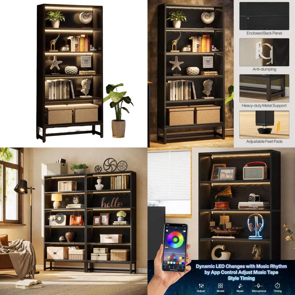 70.8 Black Tall Bookshelf with LED Lights, 5-Tier Heavy Duty Storage for Home