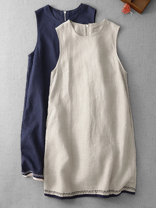 

Large Size Embroidered Cotton Linen Vest Dr Women's Retro Design Svel High Waist A-Line Skirt Commute Sle Summer D...