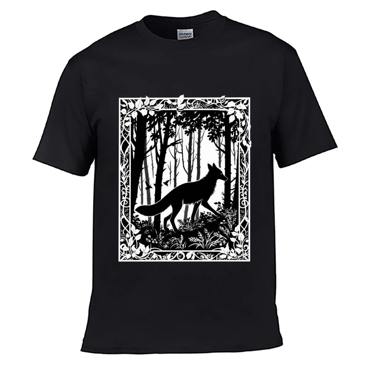 Black Fox In Enchanted Forest Ornate Botanical Frame short-sleeved T-shirt