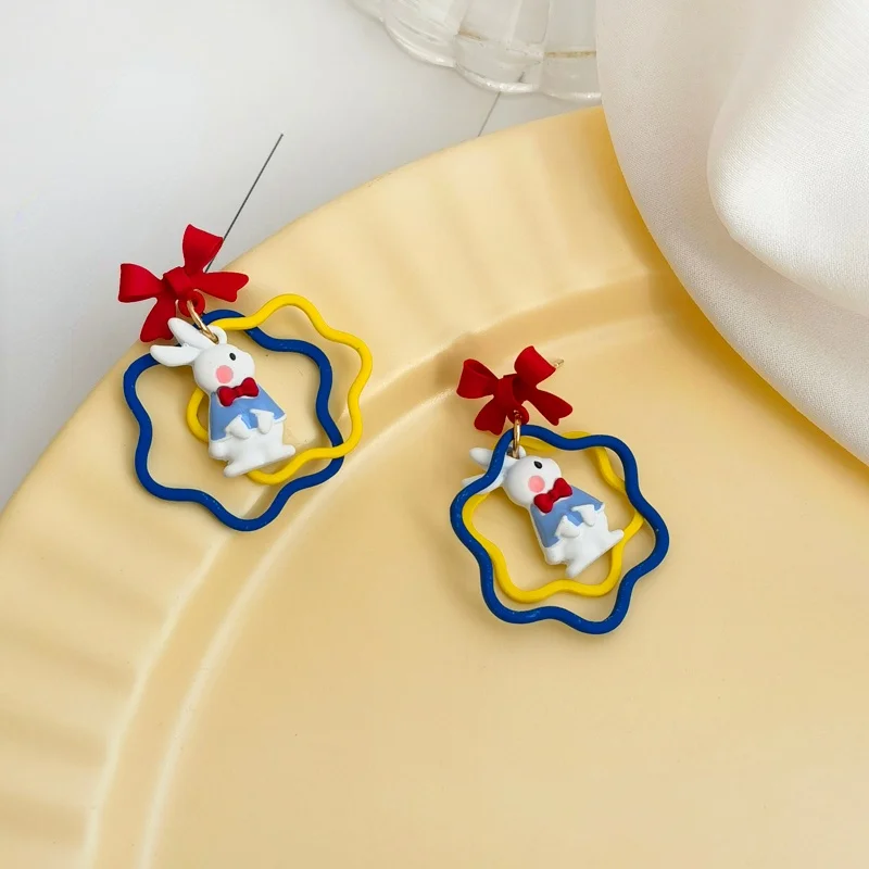 925 Silver Needle Cute Jewelry Bownot Little Rabbit Earrings New Trend Lovely Blue Yellow Drop Earrings For Women Accessories