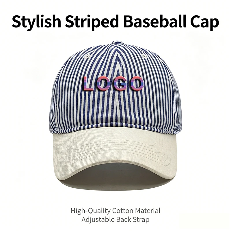 Custom Logo Striped Baseball Cap for Men Women Casual Two Tone Cotton Dad Hat Adjustable Unisex Sun Hat