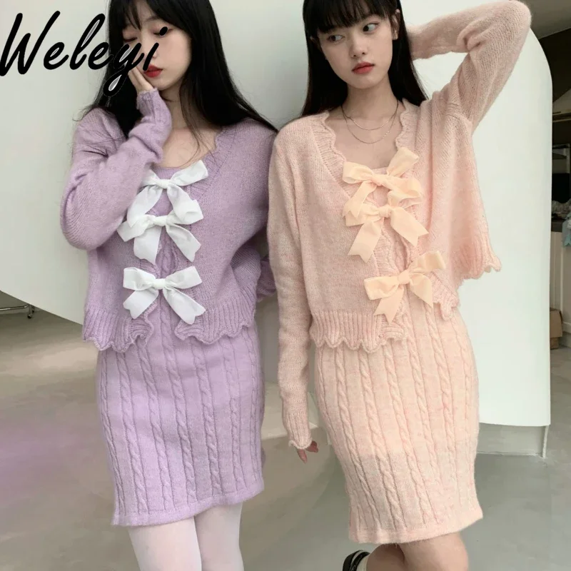 

Sweet Wool Three Bows Cardigan Sweater for Women Japanese Style Cute Autumn and Winter New Gentle Slim Knitted Dress with Bow