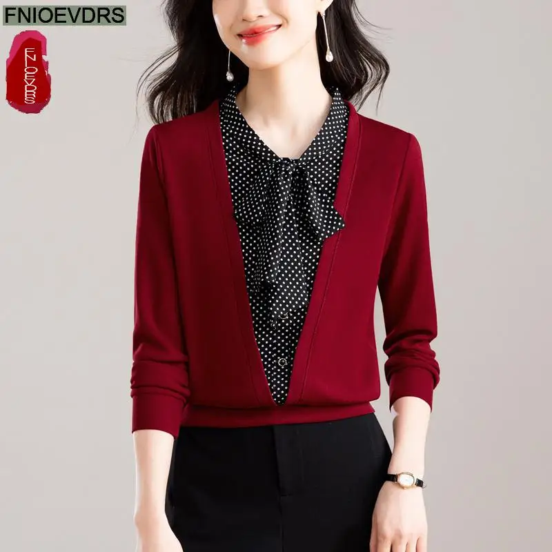

Red Patchwork Shirts Basic Wear New 2025 Women Long Sleeve Elegant Fashion Work Lady Retro Vintage Blouses Fake Two Piece Tops